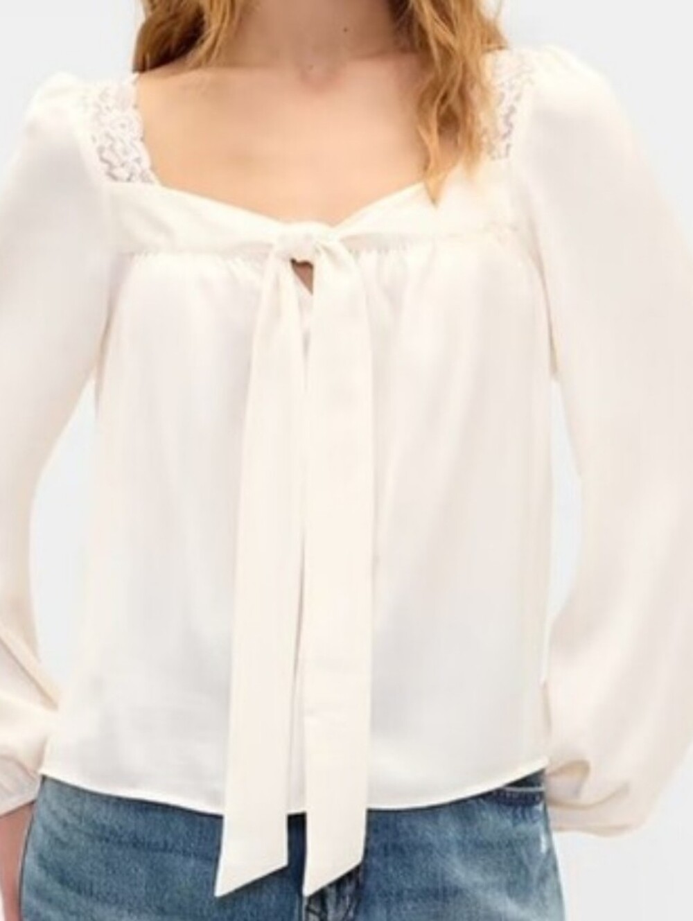 NWT - GAP Oversized Lace Trim Cream Long-Sleeve Tie-Front Blouse - Size L